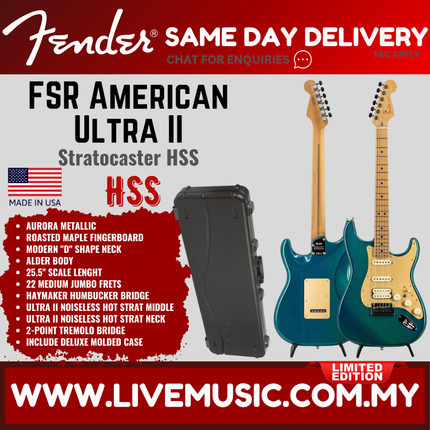 Fender FSR American Ultra II Stratocaster HSS Electric Guitar, Roasted Maple FB, Aurora Metallic