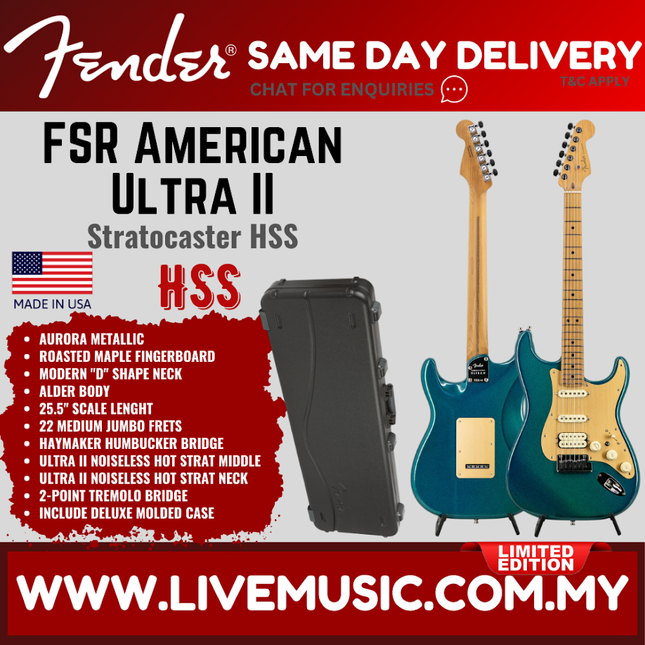 Fender FSR American Ultra II Stratocaster HSS Electric Guitar, Roasted Maple FB, Aurora Metallic