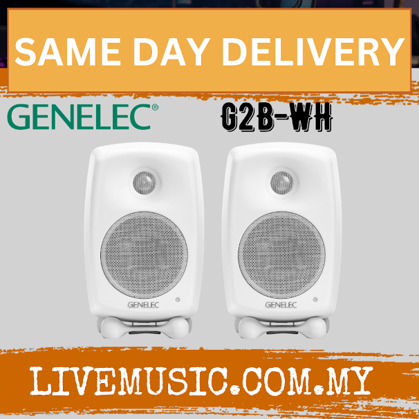 Genelec G Two 2-way powered bookshelf speakers, white pair with front grille and logo