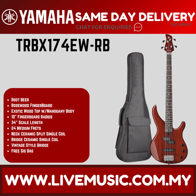 Yamaha TRBX174EW 4-string Electric Bass Guitar - Root Beer ( TRBX 174EW / TRBX-174EW )