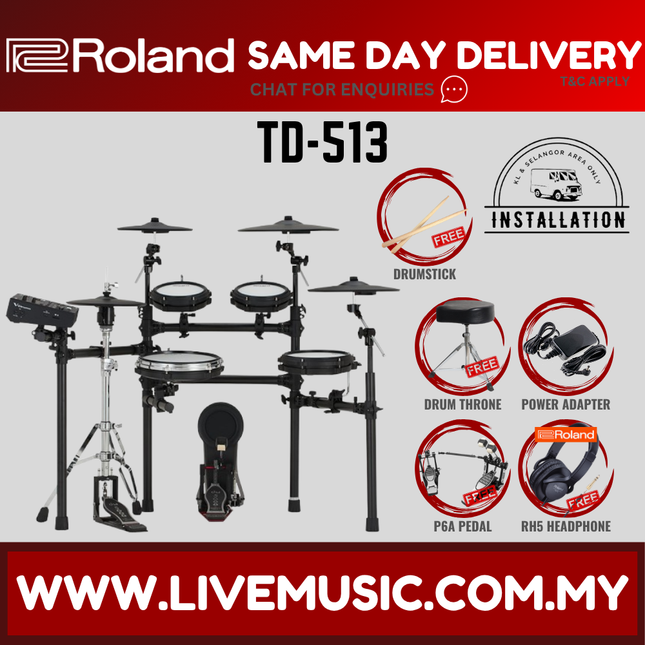 Roland TD-513 Electronic Digital Drum Set w/Double Pedal And Accessories ( TD513 TD 513 ) Replace TD 25K TD-25K