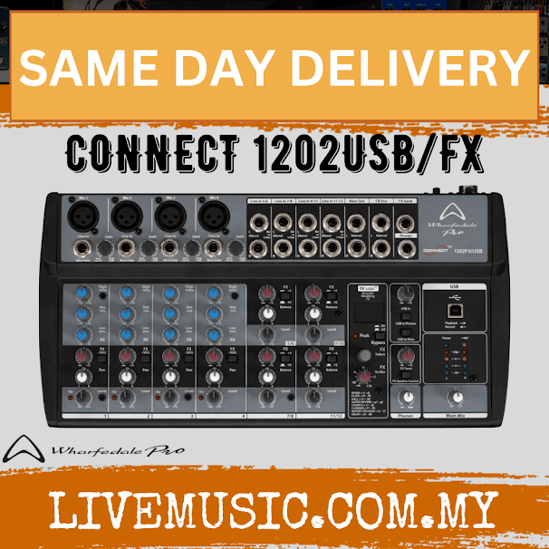 12-channel audio mixer front panel with USB/FX section and control knobs (black)