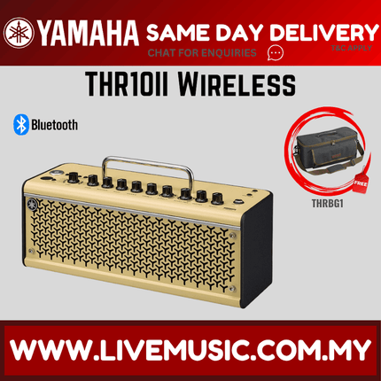 Gold Yamaha wireless guitar amplifier with THRBG1 bag shown