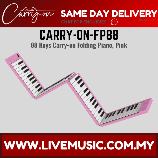 Pink 88-key portable folding piano with keyboard open for playing