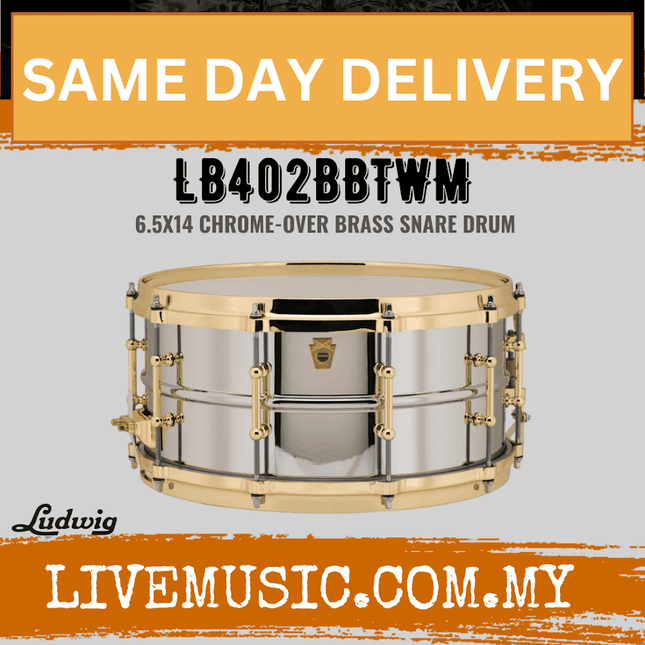 Ludwig LB402BBTWM 6.5x14inch Chrome-Over Brass Snare Drum, Brass Hardware, Tube Lugs