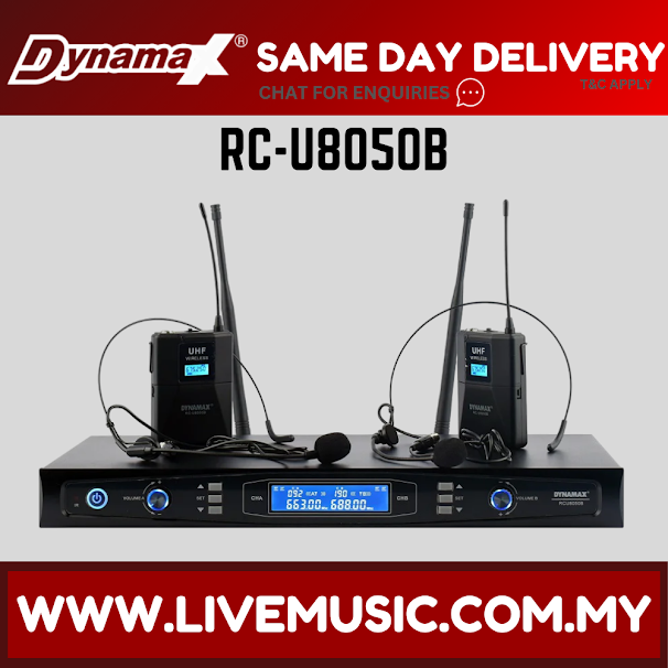 DYNAMAX dual UHF wireless microphone system with receiver and two headset mics