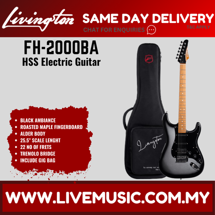 Livingston FH-2000-Pack Stratocaster HSS Electric Guitar w/GA15II Amplifier, Roasted Maple Fretboard - Black Ambiance  (FH2000 FH 2000 )