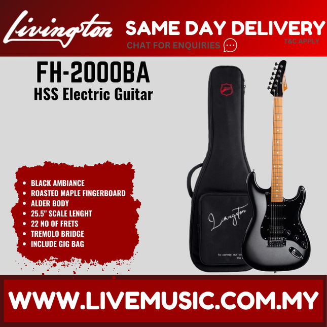 Black HSS electric guitar with roasted maple fretboard, in padded gig bag