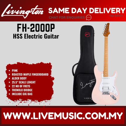 Livingston FH-2000-Pack Stratocaster HSS Electric Guitar w/GA15II Amplifier, Roasted Maple Fretboard -Pink  ( FH2000 FH 2000 )
