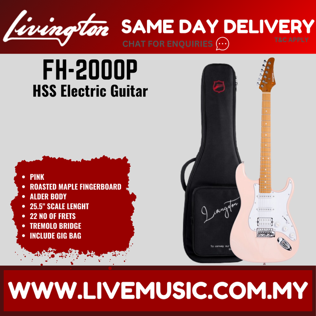 Pink HSS electric guitar with roasted maple fretboard, in black gig bag