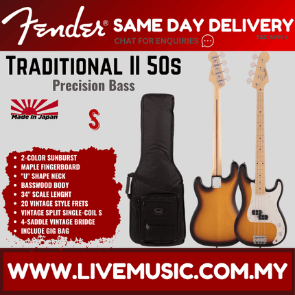 Fender Japan Traditional II 50s Precision Bass Guitar, Maple Fretboard with Gig Bag - 2-Tone Sunburst