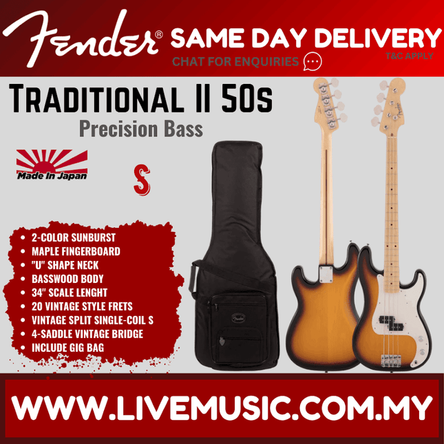 Fender Japan Traditional II 50s Precision Bass Guitar, Maple Fretboard with Gig Bag - 2-Tone Sunburst