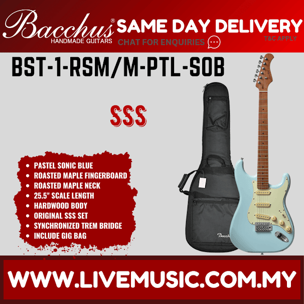 Pastel sonic blue electric guitar with maple neck and included padded gig bag