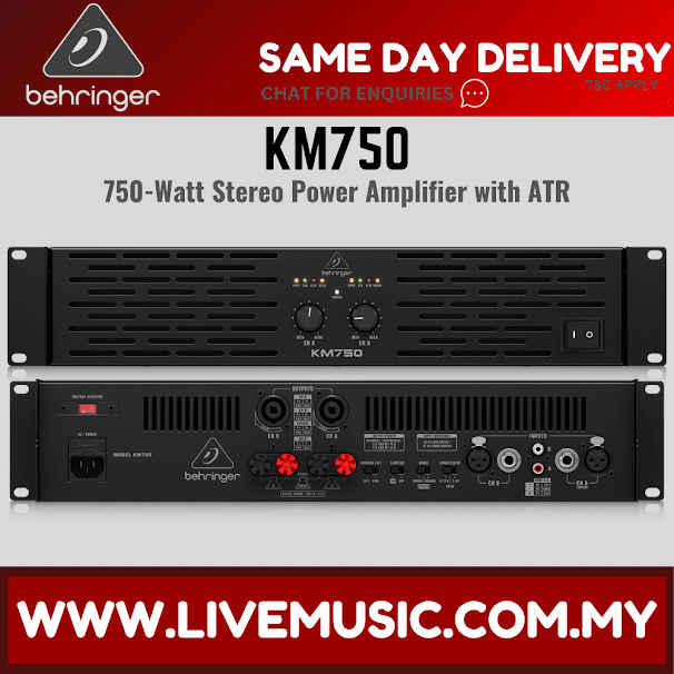 Behringer KM750 2-channel power amplifier with front and rear control panels
