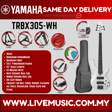 Yamaha TRBX305 5-string Electric Bass Guitar Package - White ( TRBX 305 / TRBX-305 )