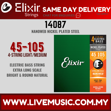 Elixir 14087 Nanoweb Medium/Extra Long Scale Electric Bass Strings (45-105)