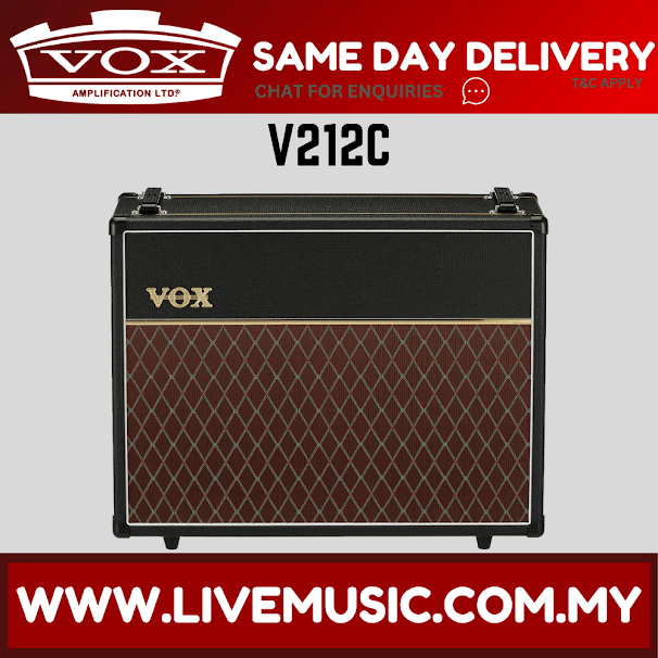Black VOX guitar speaker cabinet with brown diamond-pattern grille and top handles
