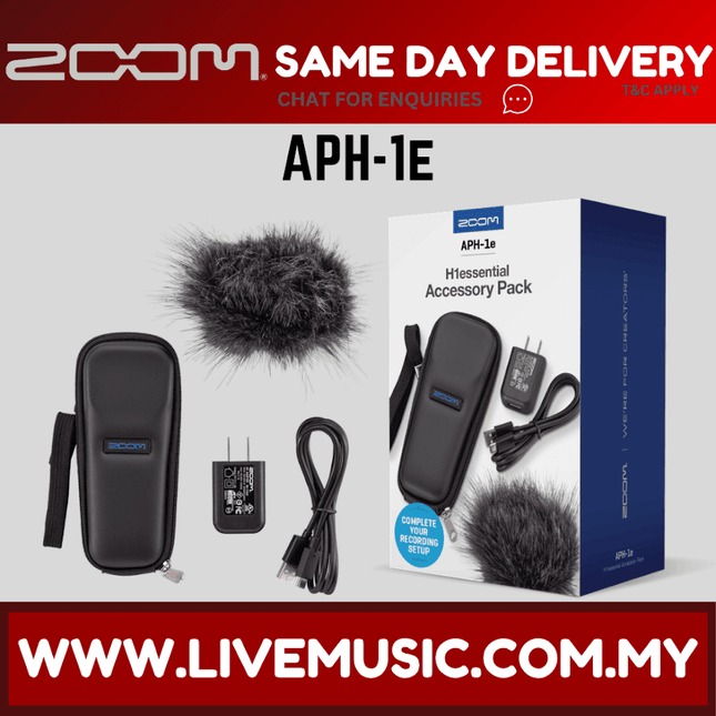 Zoom accessory pack with case, microphone windscreen, power cable, and adapter