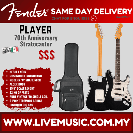 Fender 70th Anniversary Player Stratocaster Electric Guitar, RW FB, Nebula Noir
