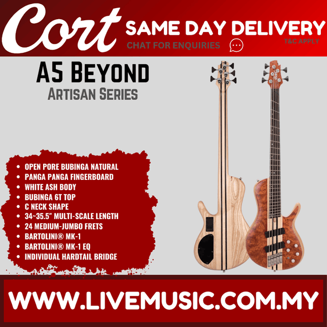 Cort A5 Beyond 5 String Electric Bass Guitar - Open Pore Bubinga Natural