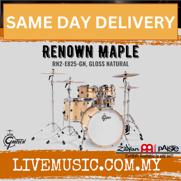 Gretsch RN2-E825-GN Renown Maple 5-Piece Drum Shell Kit Set (22inch Bass), Gloss Natural