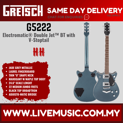 Gretsch G5222 Electromatic Double Jet BT Electric Guitar w/V-Stoptail, Laurel FB, Jade Grey Metallic