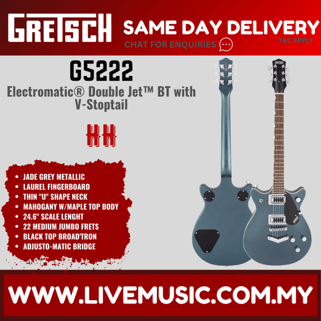 Gretsch G5222 Electromatic Double Jet BT Electric Guitar w/V-Stoptail, Laurel FB, Jade Grey Metallic