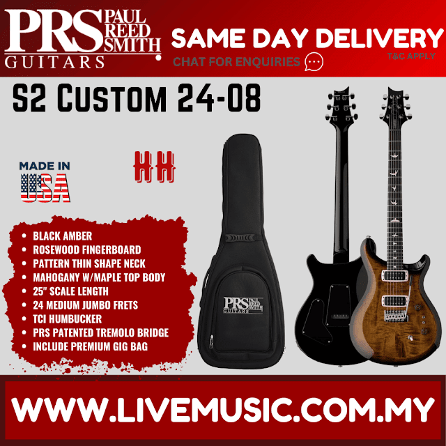PRS S2 Custom 24-08 Electric Guitar, Black Amber