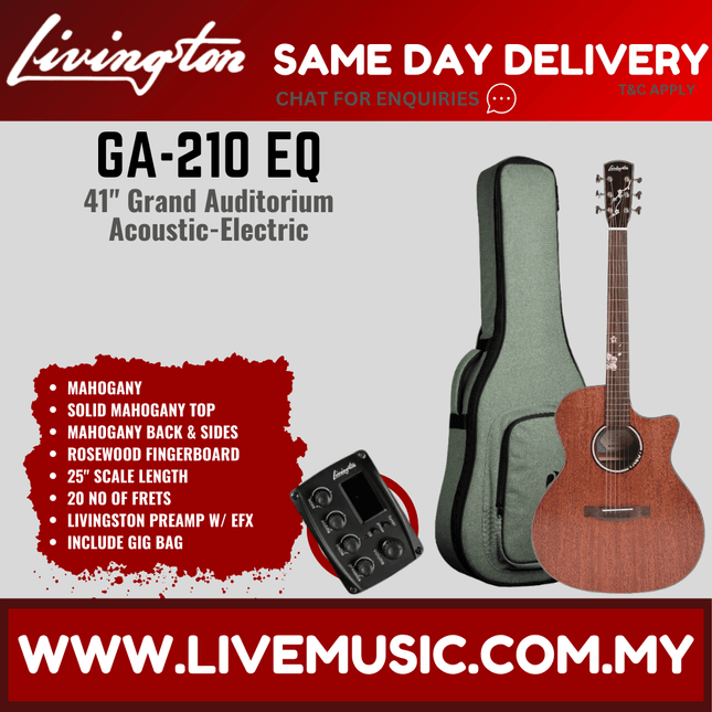 Livingston GA-210 EQ 40" Solid Top Grand Auditorium Acoustic-Electric Guitar, Rosewood FB - Natural ( GA210 GA 210 )