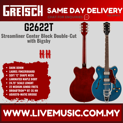 Gretsch G2622T Streamliner Center Block Double-Cut Electric Guitar, Dark Denim