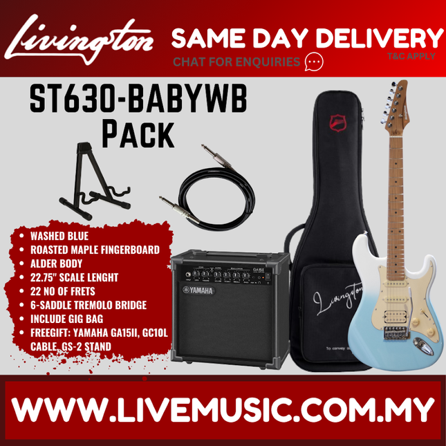 Livingston ST630-BABY Stratocaster HSS Baby Electric Guitar w/GA15II Amplifier, Roasted Maple FB,w/Gig Bag (ST630BABY ST-630 ST 630)