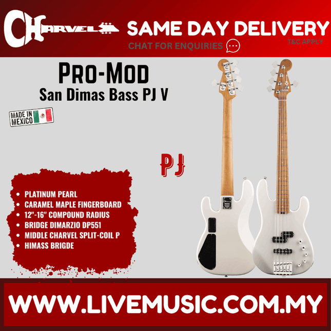 Charvel Pro-Mod San Dimas Bass PJ V Bass Guitar, Maple FB, Platinum Pearl