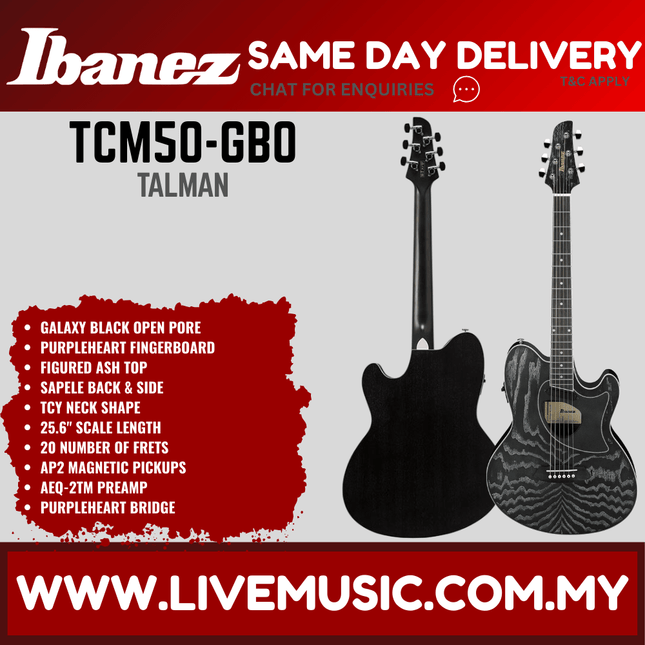 Ibanez TCM50 Talman Acoustic-Electric Guitar - Galaxy Black Open Pore / Vintage Brown Sunburst ( TCM-50 / TCM 50 )
