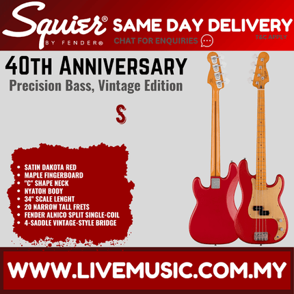 Squier 40th Anniversary Vintage Edition Precision Bass Guitar, Satin Dakota Red