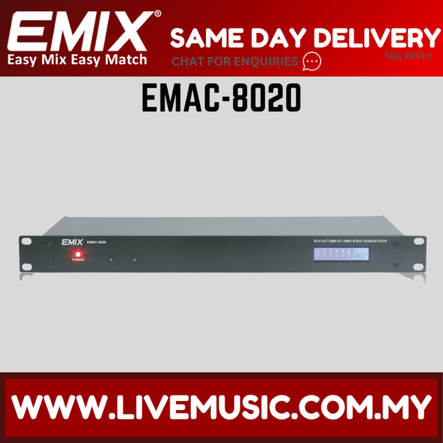 EMAC-8020 6-duty standby amplifier changeover unit front panel with display and LEDs