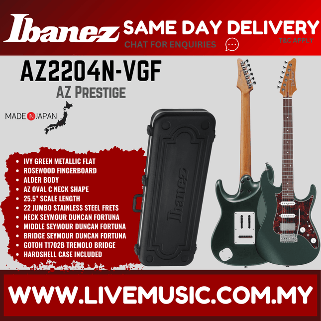 Ibanez AZ2204N-VGF AZ Prestige Series Electric Guitar, Ivy Green Metallic Flat (AZ2204N VGF/AZ2204NVGF)