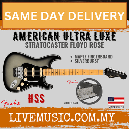 Fender American Ultra Luxe Stratocaster Floyd Rose HSS Electric Guitar, Maple FB, Silverburst