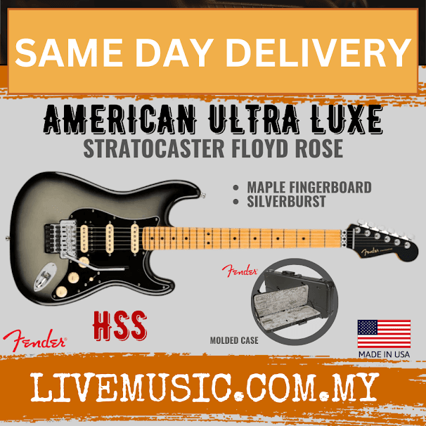 Fender American Ultra Luxe Stratocaster Floyd Rose HSS Electric Guitar, Maple FB, Silverburst