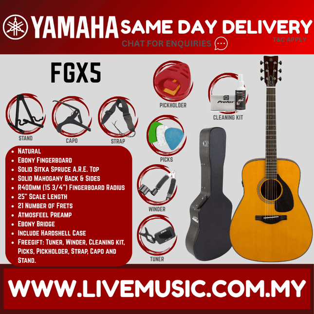 Yamaha Red Label FGX5 Acoustic-Electric Guitar with Hardcase - Natural ( FGX-5 ) MADE IN JAPAN