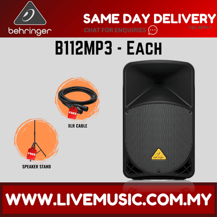 Behringer Eurolive B112MP3 1000W 12" Powered Speaker w/UG-88HH Wireless Mic, Speaker Stand and Cable - Pair ( B-112MP3 / B 112MP3 )