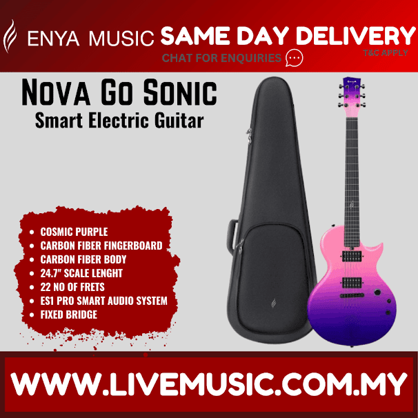 Cosmic purple electric guitar with black gig bag and 6-string fretboard