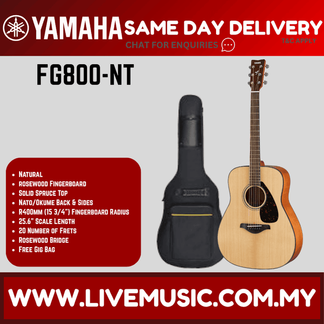Yamaha FG800 41" Dreadnought Solid Sitka Spruce Top Acoustic Guitar- Natural (FG 800)