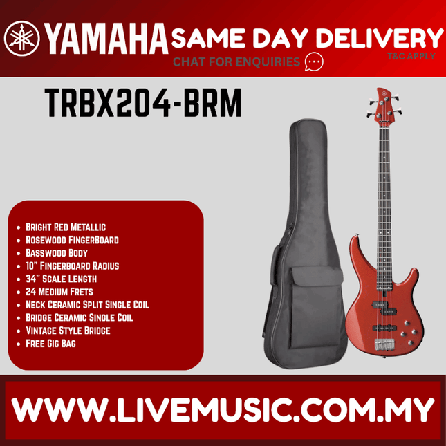 Yamaha TRBX204-4-string Electric Bass Guitar Package - Bright Red Metallic ( TRBX 204 / TRBX-204 )
