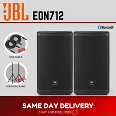 Pair of JBL powered 12-inch Bluetooth speakers, black cabinets and grilles