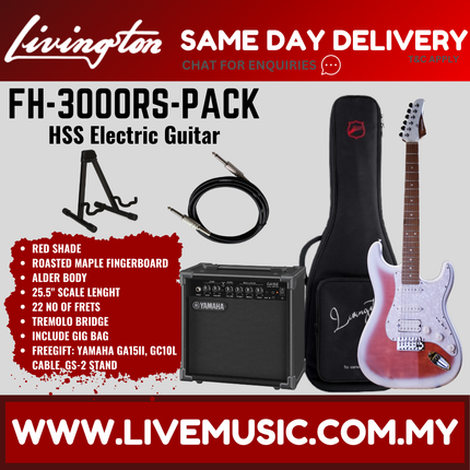 Livingston FH-3000-PACK Stratocaster HSS Electric Guitar w/GA15II Amplifier, Roasted Maple Fretboard -Red Shade ( FH3000 FH 3000 )