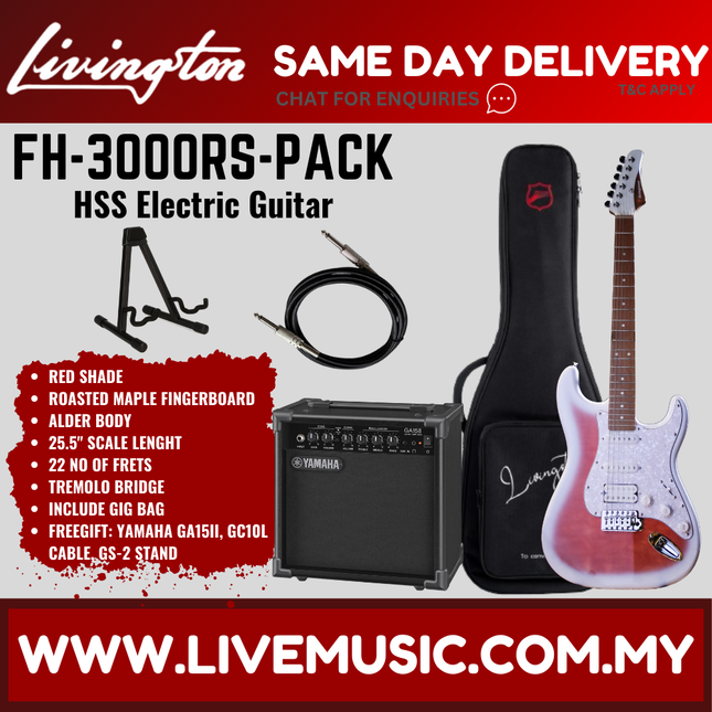 Red HSS electric guitar with roasted maple fretboard, amp and cables pack