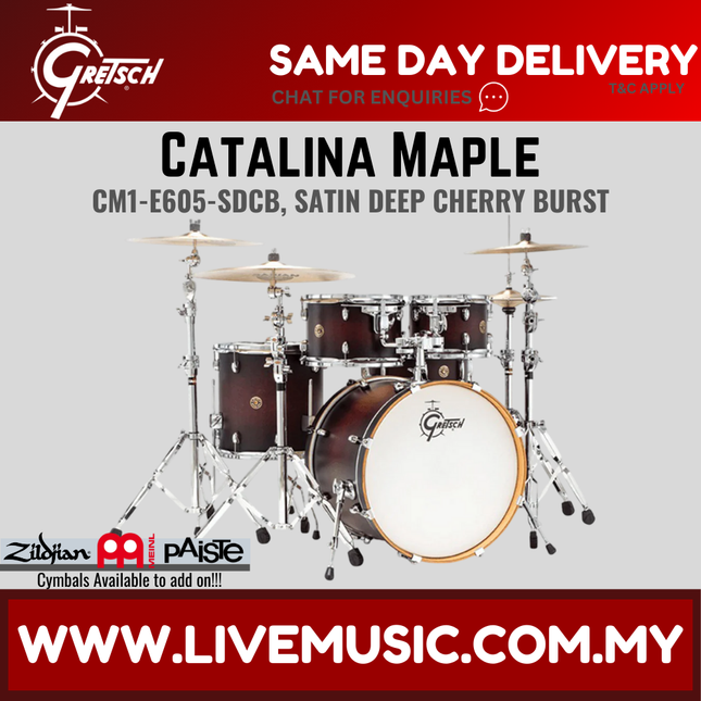 5-piece drum shell kit with satin deep cherry burst finish and chrome hardware