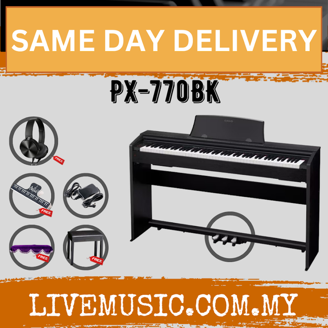 Black 88-key digital piano with stand and headphone accessory