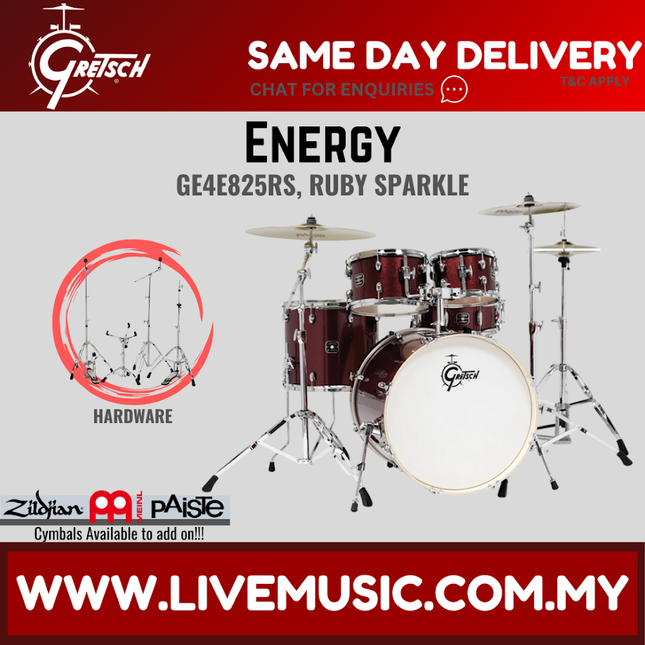 Gretsch Energy 5-piece drum set, ruby sparkle shells with bass, toms, snare, and cymbals