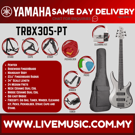 Yamaha TRBX305 5-string Electric Bass Guitar Package - Pewter ( TRBX 305 / TRBX-305 )